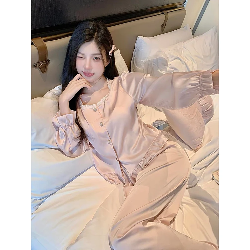 2025新款冰丝长袖睡衣女春秋夏季带胸垫性感甜美可外穿家居服套装