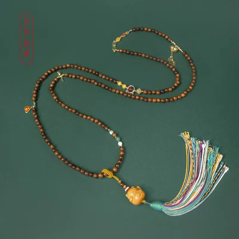 铜合金木质项链 新款花梨斜挎多圈项链手串时尚百搭国风手工编织