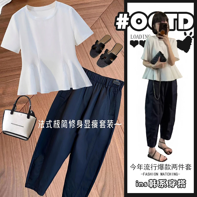 港风显瘦套装穿搭2025夏季小个子时尚荷叶下摆短袖上衣高腰休闲裤
