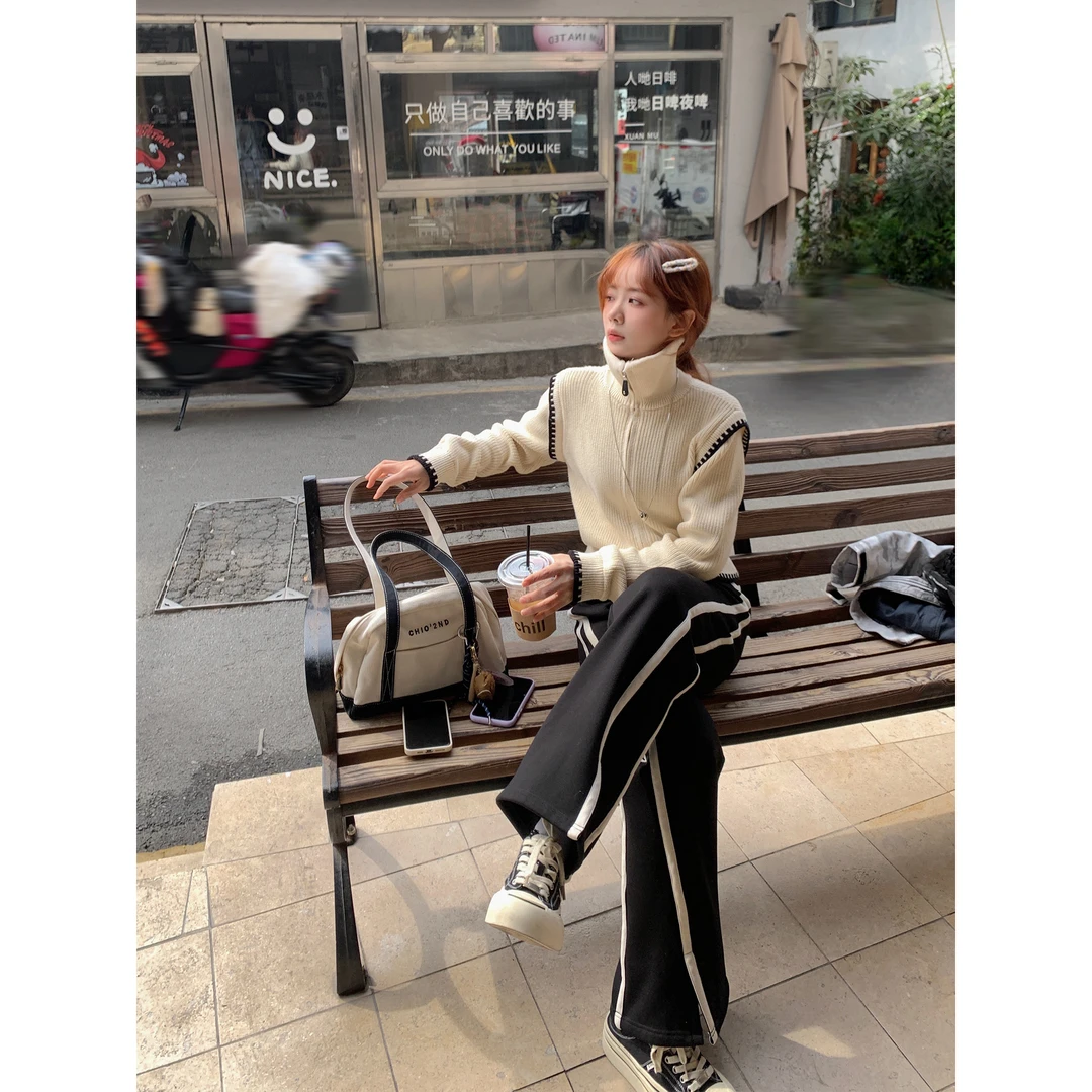 切糕【线条画笔】小个子休闲韩版气质百搭高腰直筒小众宽松休闲裤