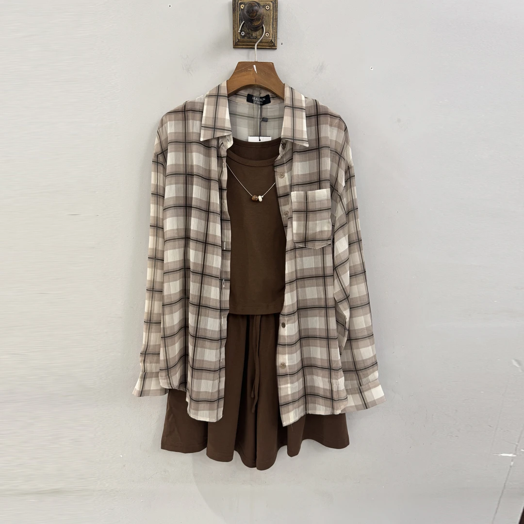 TZKGS08A麦寻2025秋时尚气质通勤格子衬衫短裤三件套女显瘦套装