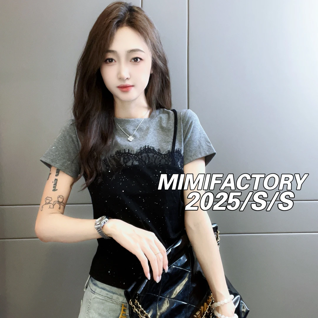 2025夏季新款 拼接蕾丝假两件短袖T恤女时尚修身显瘦上衣070