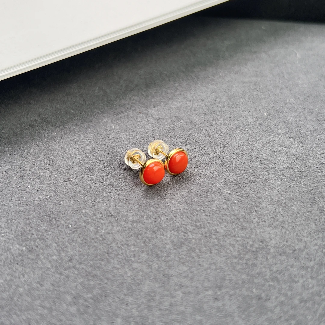 南红玛瑙耳钉柿子红S925银镶