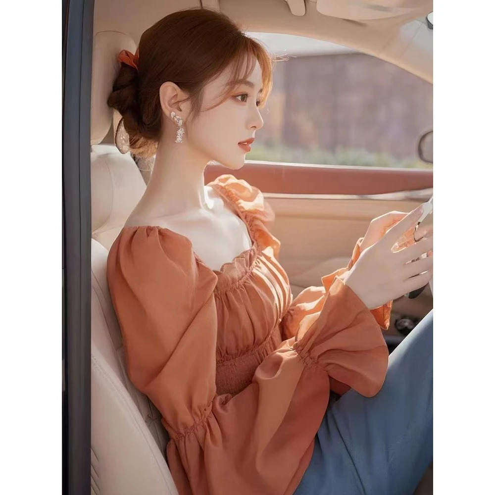 法式橘色方领衬衫女高级感轻奢好看小衫2025开春新款独特掐腰上衣