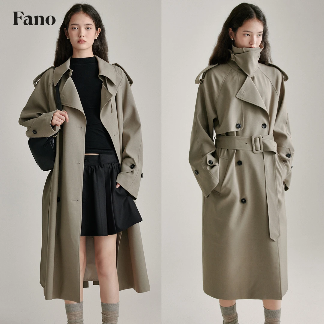 范洛 自由随性“清冷灰绿 垂感飘逸”气质挡片腰带风衣FQ24W111