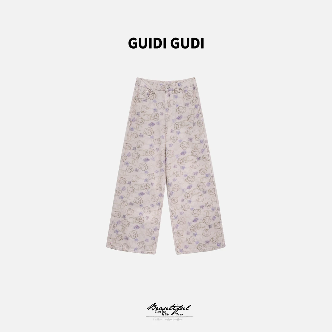 GUIDI GUDI【变得沉默】黄加蓝花朵重工时尚休闲裤