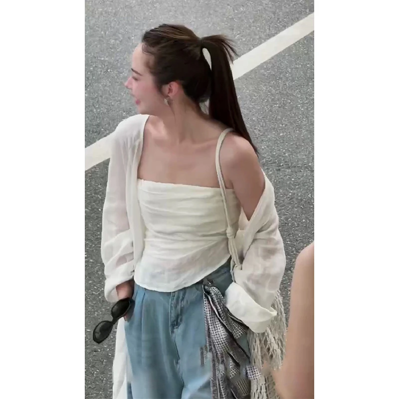 韩系显瘦穿搭设计感纯欲风性感抹胸白色防晒长款开衫休闲直筒长裤