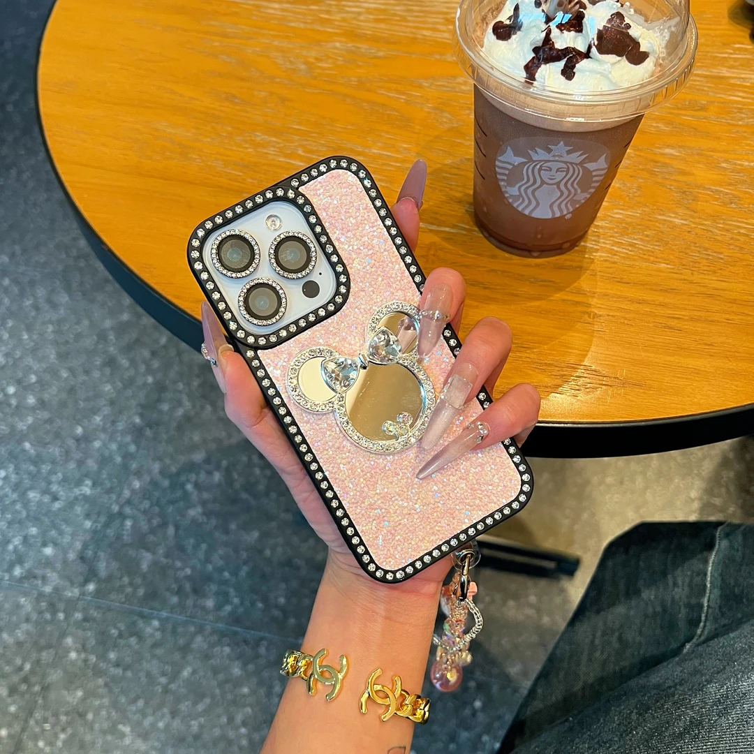 米奇卡通闪钻暖边框适用iPhone17ProMax苹果15手机壳14/13女款16