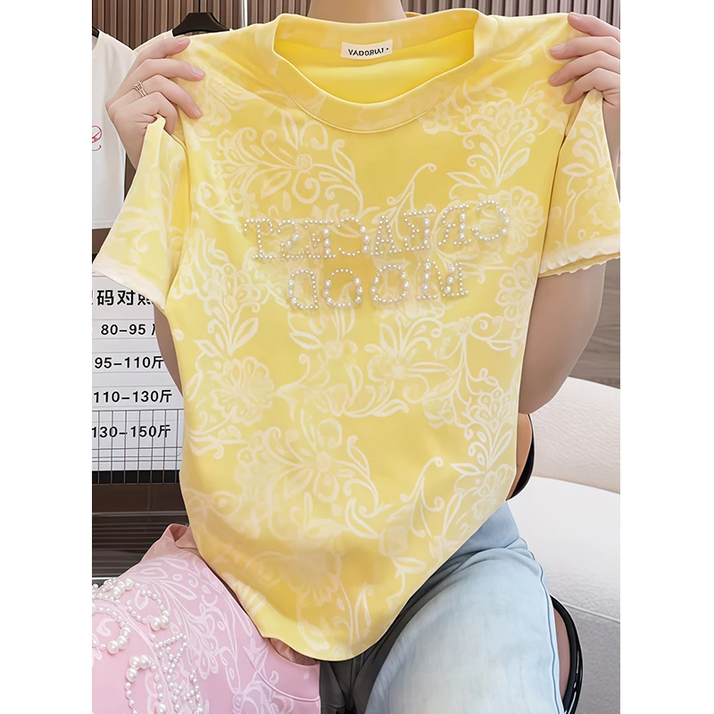 高含棉设计感圆领印花拼接短袖t恤女2025夏季新款简约百搭上衣潮