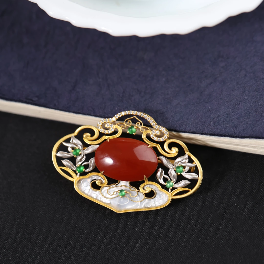 原创国风新中式定制珠宝18k金镶嵌南红如意胸针吊坠