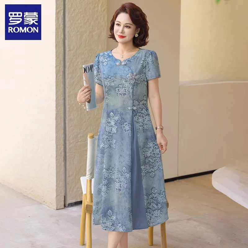 罗蒙妈妈连衣裙夏装2025新款中老年女夏日端庄大气新中式雪纺裙子