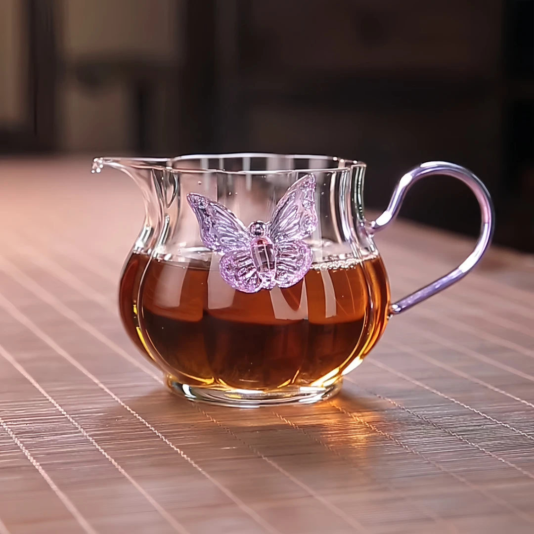 新款春日蝴蝶公道杯洛神公杯带把花形分茶器耐高温玻璃茶海