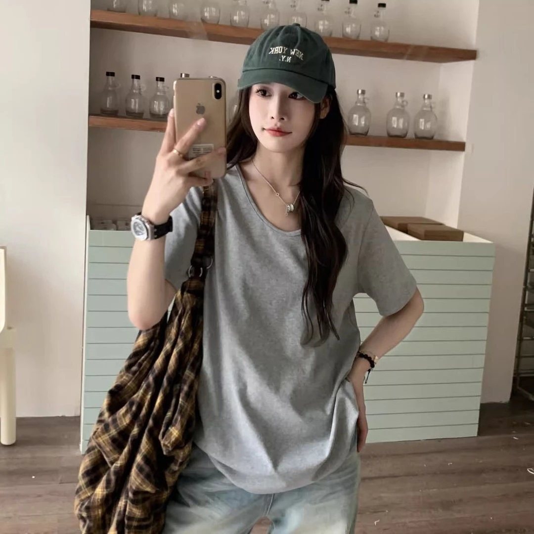 纯棉灰色U领宽松短袖t恤女夏季慵懒风小个子显瘦百搭时尚内搭上衣