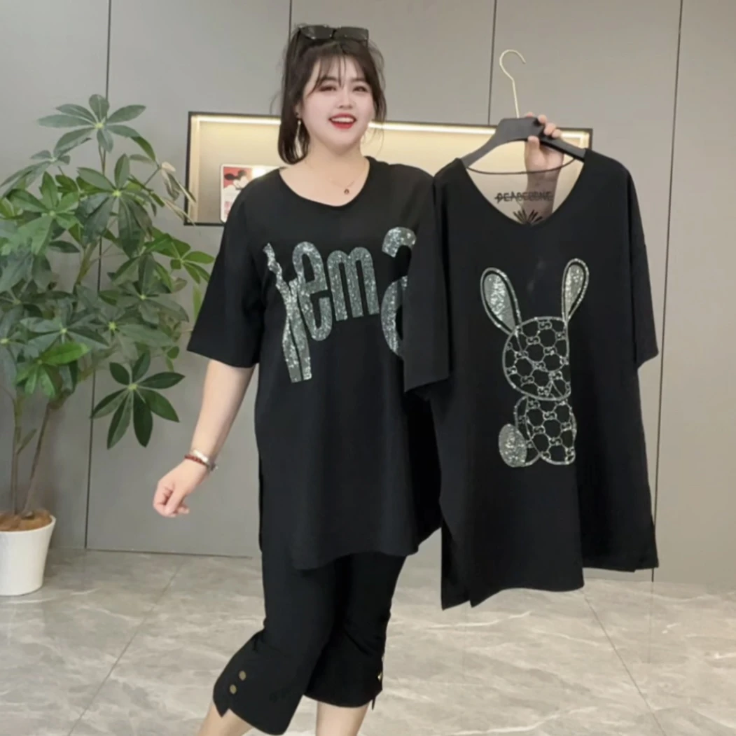 夏季新款002圆领烫钻字母蕾丝拼接美背胖大码休闲百搭中长T恤衫