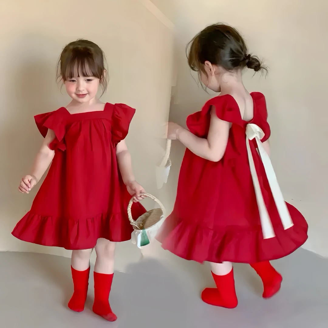日系韩版女童夏气质公主裙女宝洋气飞袖蝴蝶结甜美夏季连衣裙红色