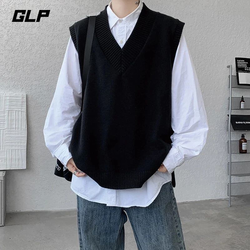 日系复古慵懒风针织V领毛衣男秋冬季学院风叠穿马甲坎肩上衣大码