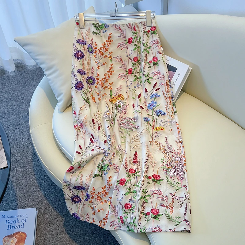 拉夏贝尔麦穗花时尚半身裙女夏薄款2025新款高腰垂感碎花直筒裙子