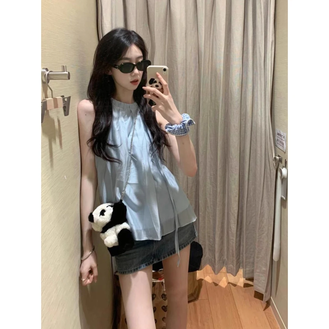 法式甜美露肩挂脖系带衬衫女夏季新款高级感气质娃娃衫无袖上衣薄