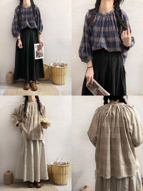 夏薄款女装宽松格子圆领衬衣