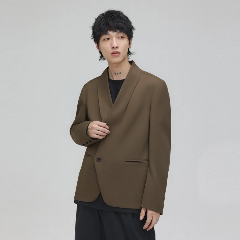 HERBEL/黑白西装外套2025年秋季男式纯色设计感时尚休闲西服上衣