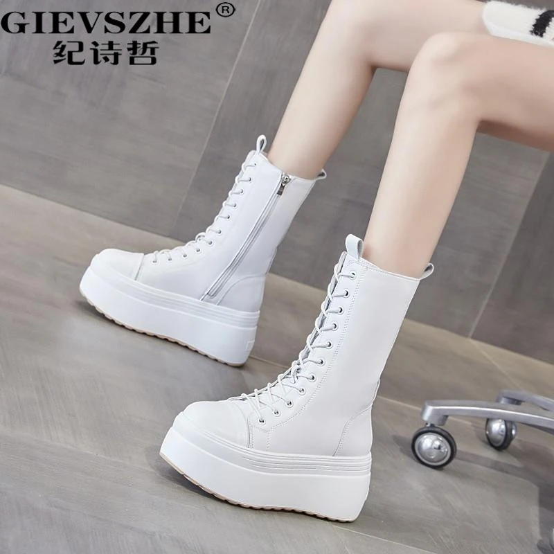 纪诗哲白色增高厚底真皮雪地靴女夏季新款潮流女士夏季厚底中筒靴