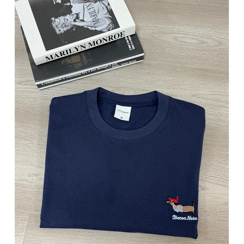 美式宽松小狗刺绣情侣装短袖男夏季小领口重磅棉t恤内搭打底半袖