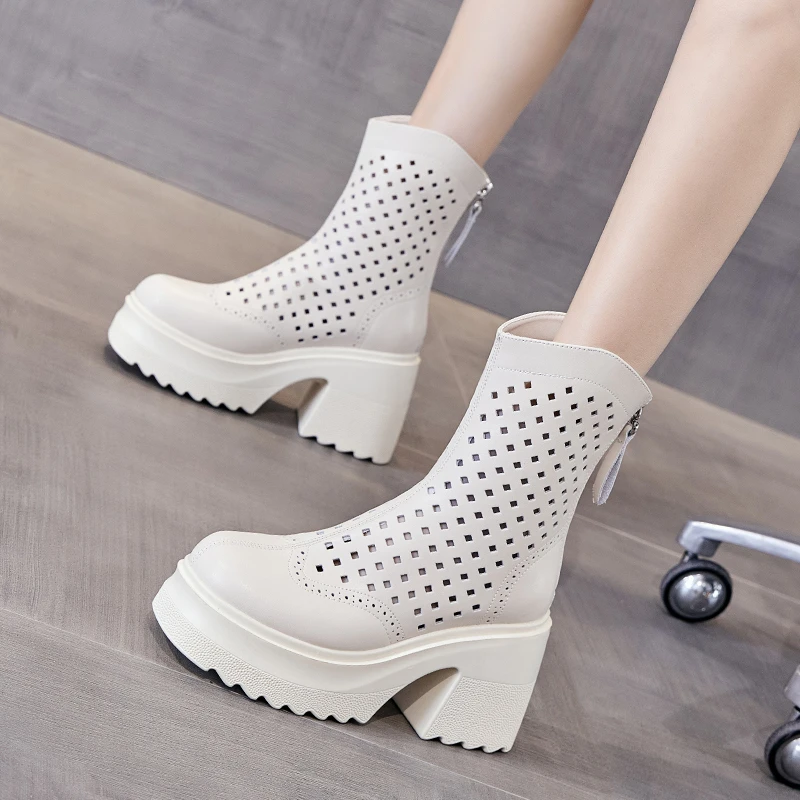 真皮10cm增高跟马丁靴女夏薄款透气中筒短靴厚底镂空网靴2025新款