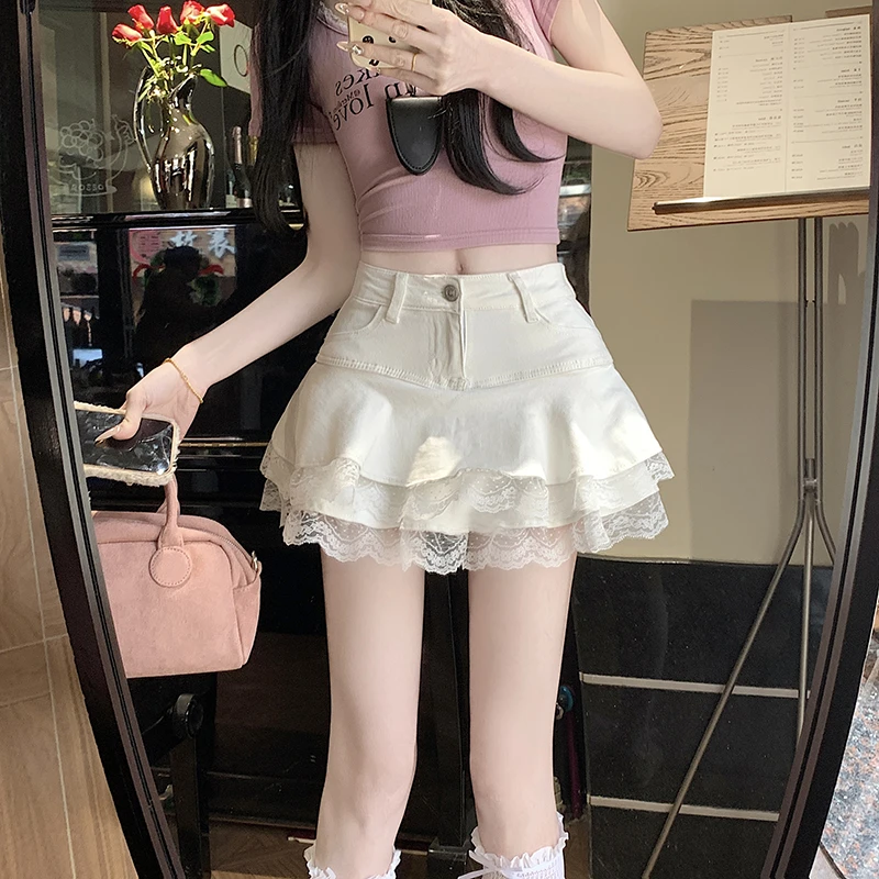 纯欲风设计感蕾丝拼接弹力牛仔百褶半身裙学院风高腰显瘦百搭裤裙