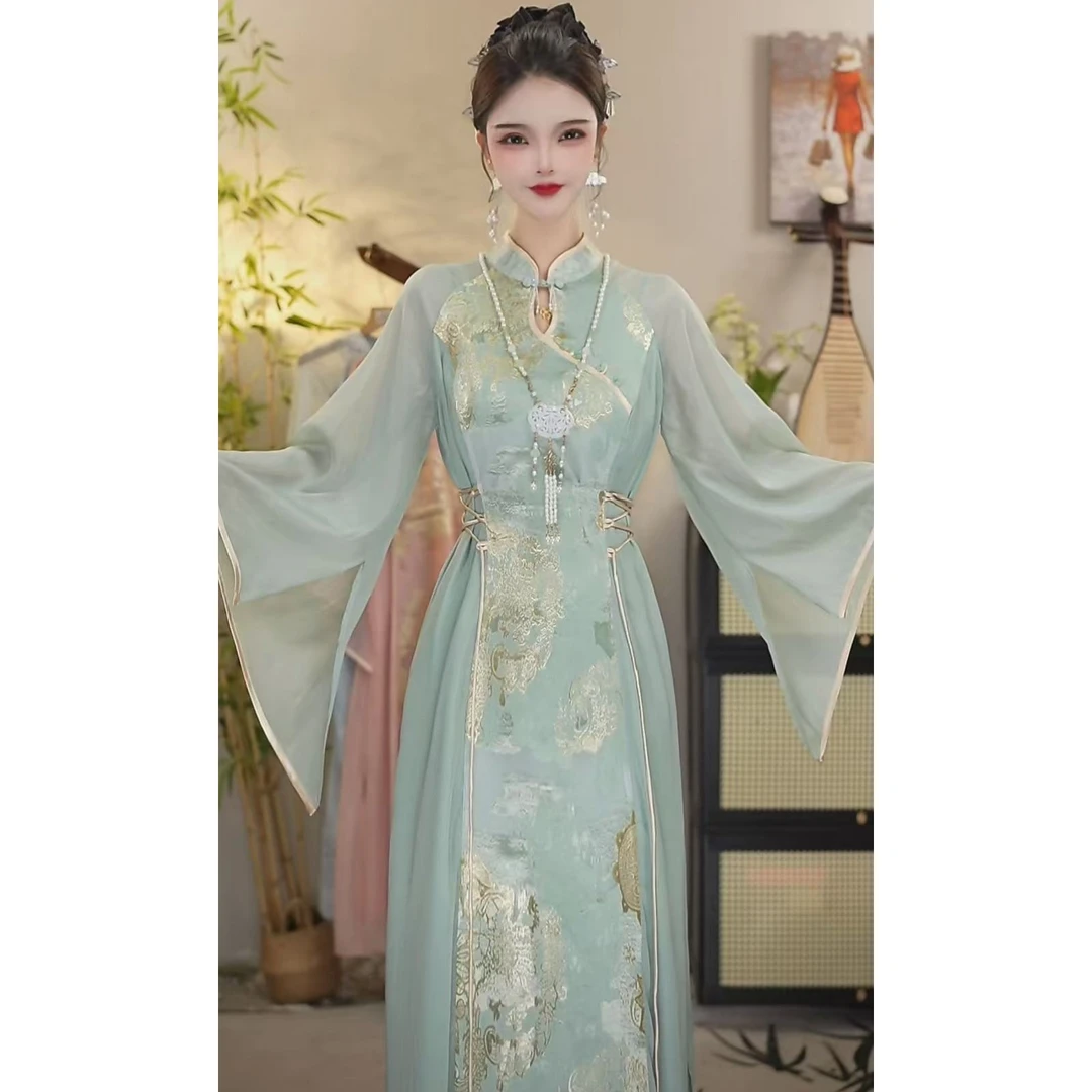 花享悦国风2025春季新款中国风飘逸日常绿色长款连衣裙6622