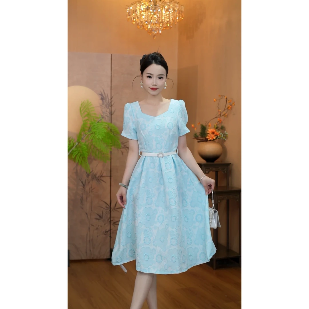 3736【水天一色】小香风连衣裙高端精致提花面料高腰显瘦长裙