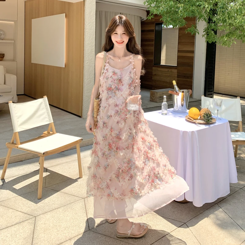 甜美新型聚酯连衣吊带裙子荡领女士时尚夏季