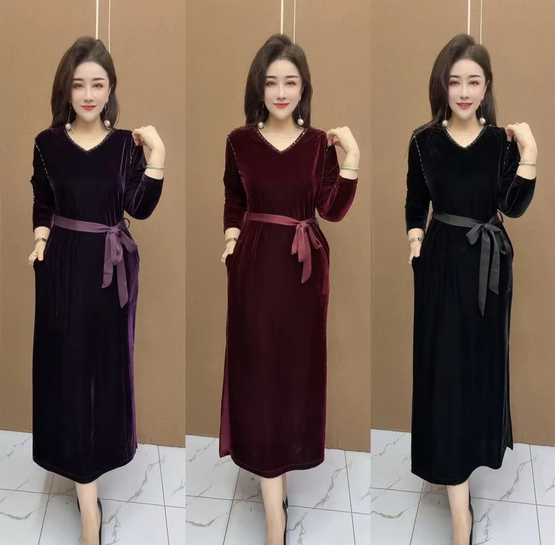 长裙弹力系扣V领挂脖式连衣裙显瘦秋季风