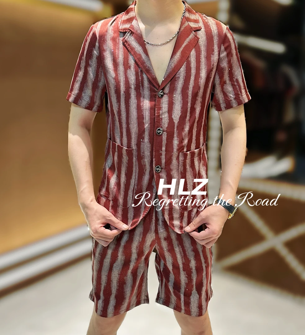 2025夏季新款男士高品质竖条纹纹理休闲时尚百搭西服短袖套装潮流