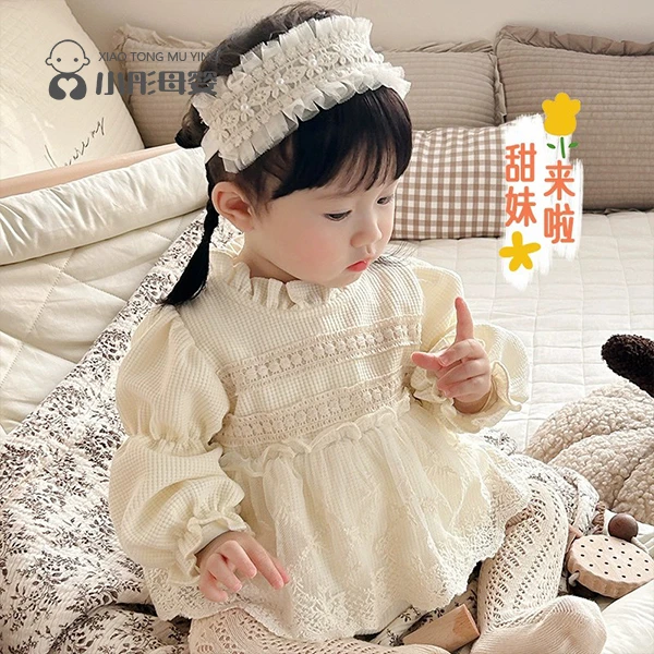 春秋女宝宝华夫格蕾丝花边哈衣裙婴幼儿长袖连体衣满月百天包屁衣