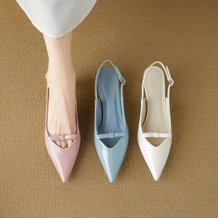 全羊皮~6cm优雅小尖头一字带凉鞋女蝴蝶结后空细跟包头凉鞋高跟鞋