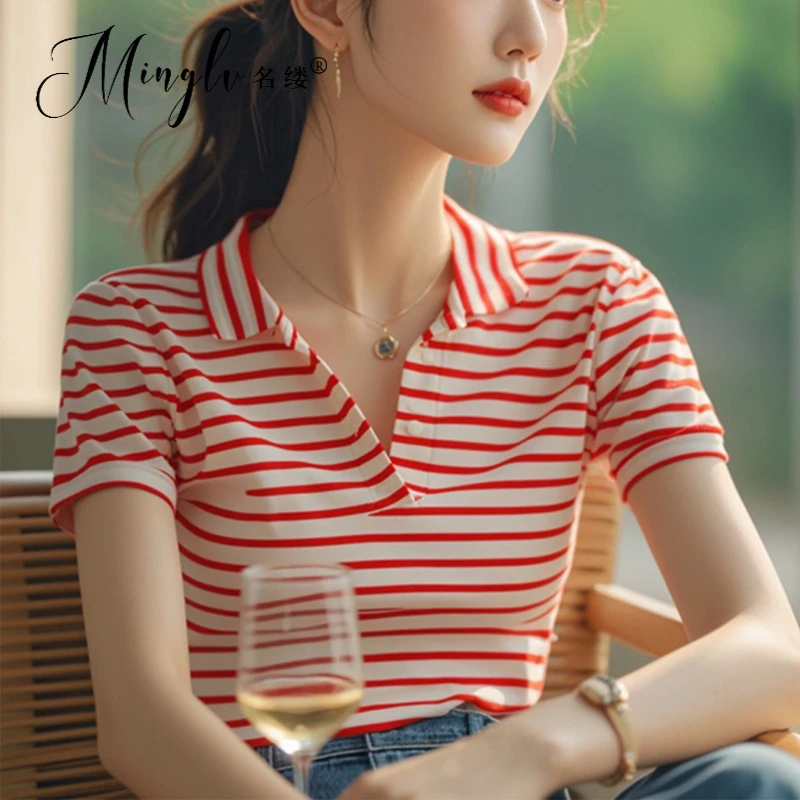 时尚高级感独特好看红色条纹POLO领短袖T恤女夏季新款百搭正肩修