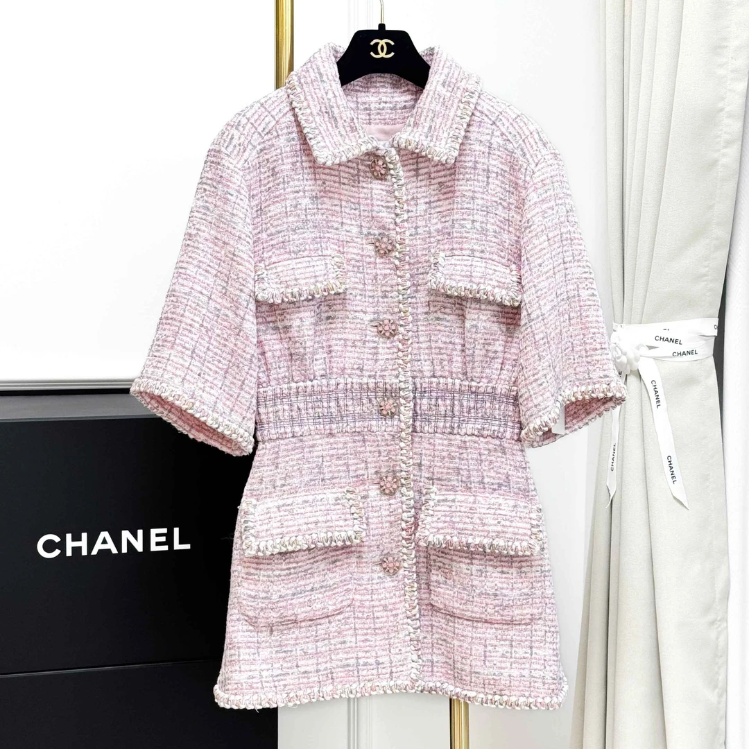 99新 Chanel/香奈儿 38码 粉白混色 四口袋 短袖 编织 连衣裙