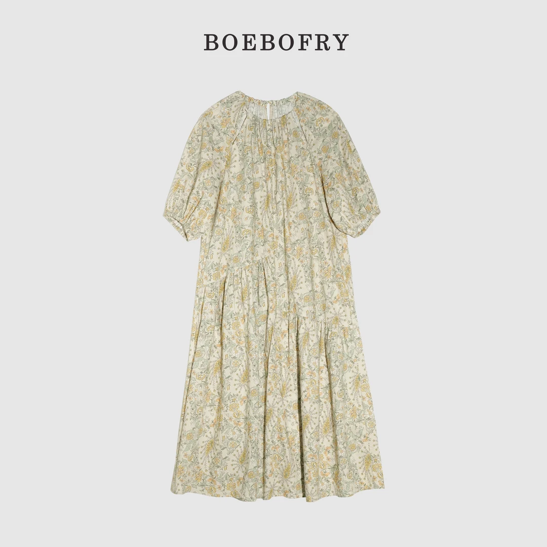 BOEBOFRY<诗意花园>100%棉插肩袖宽松法式碎花连衣裙BE2L0753