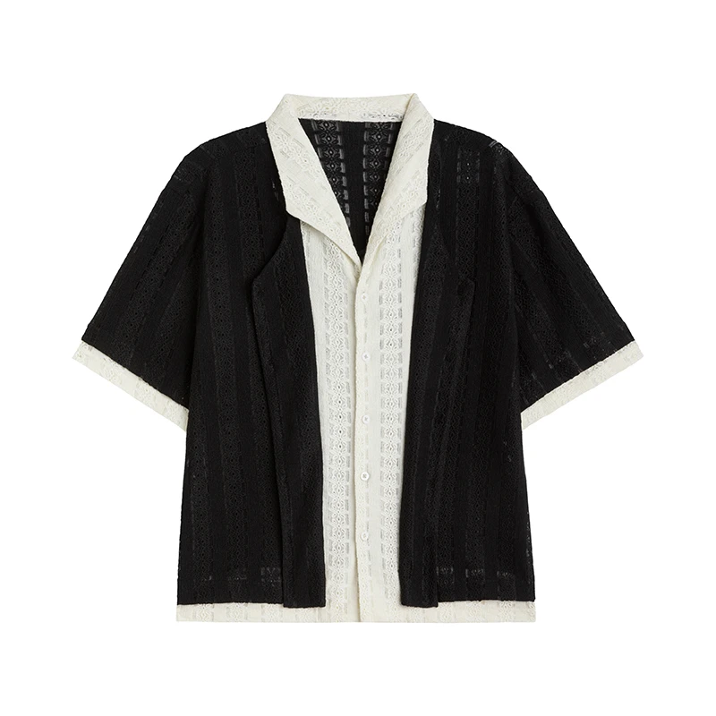 CRINS CAVE SHORT小钱一字领拼接假两件镂空短袖衬衫