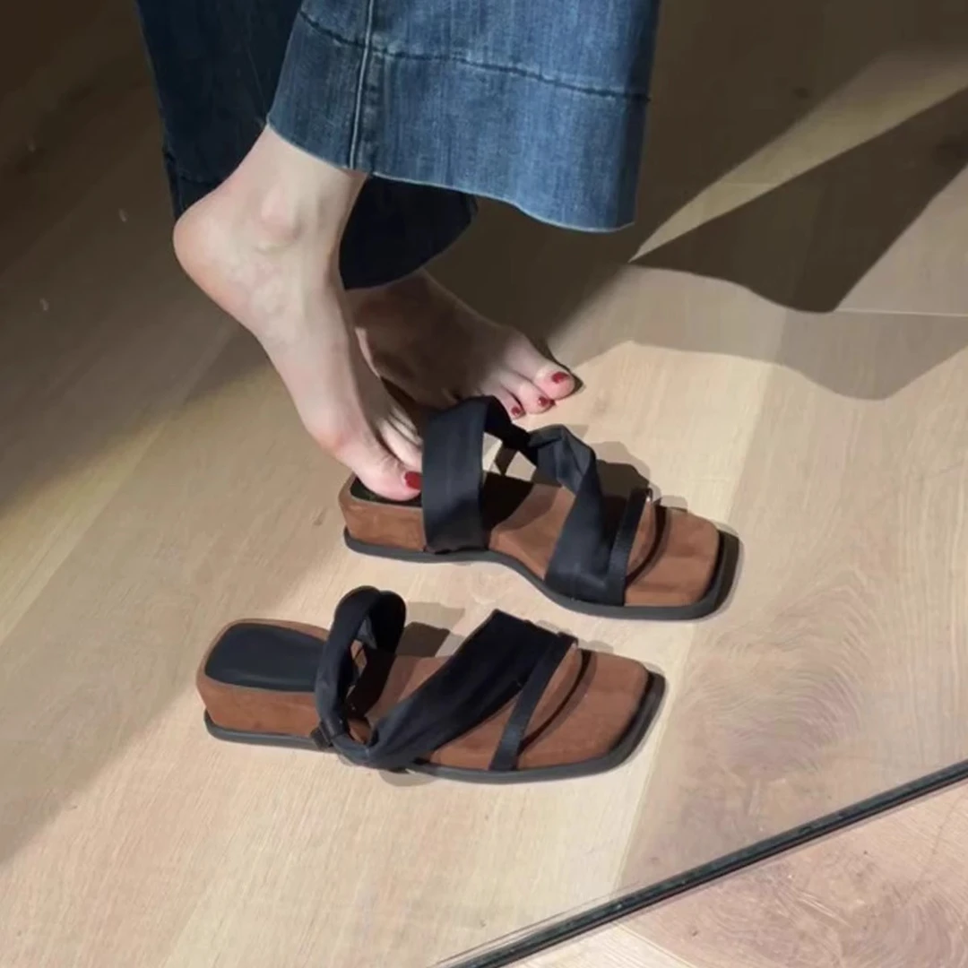羊皮版~厚底方头一字带凉拖鞋女外穿复古气质配裙子凉鞋两穿拖鞋