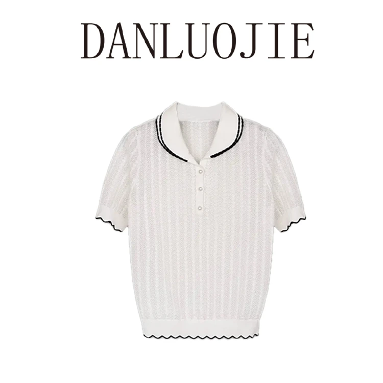 丹珞婕 圆梦领艾草棉德国stoll14针镂空肌理双层领春夏针织