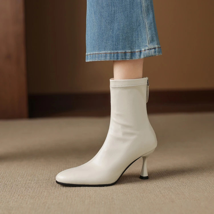7.5cm~圆头高跟短靴女2025新款细跟秋冬瘦瘦靴简约百搭韩版弹力靴