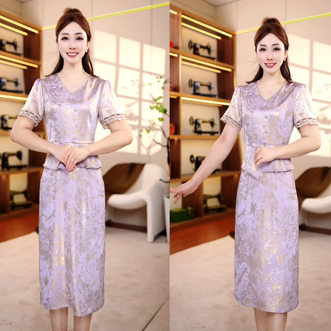 2025夏季新款精工压褶收腰显瘦鎏光溢彩刺绣提花连衣裙假两件套女