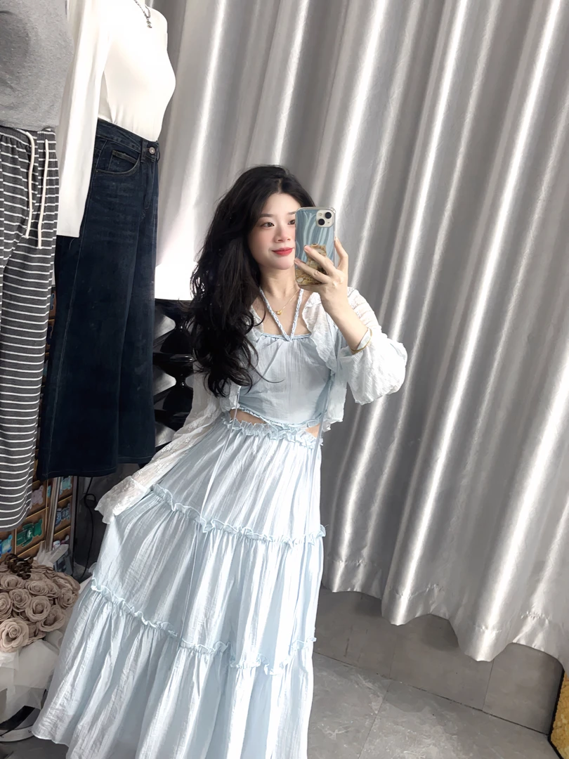 【虎妹推荐】小个子甜美漏腰设计吊带连衣裙开衫（两件套）