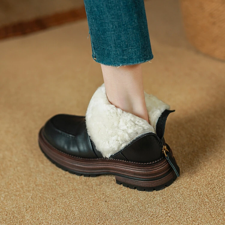 4.5cm~小众设计真皮加厚羊毛雪地靴女冬季加绒保暖后拉链厚底短靴