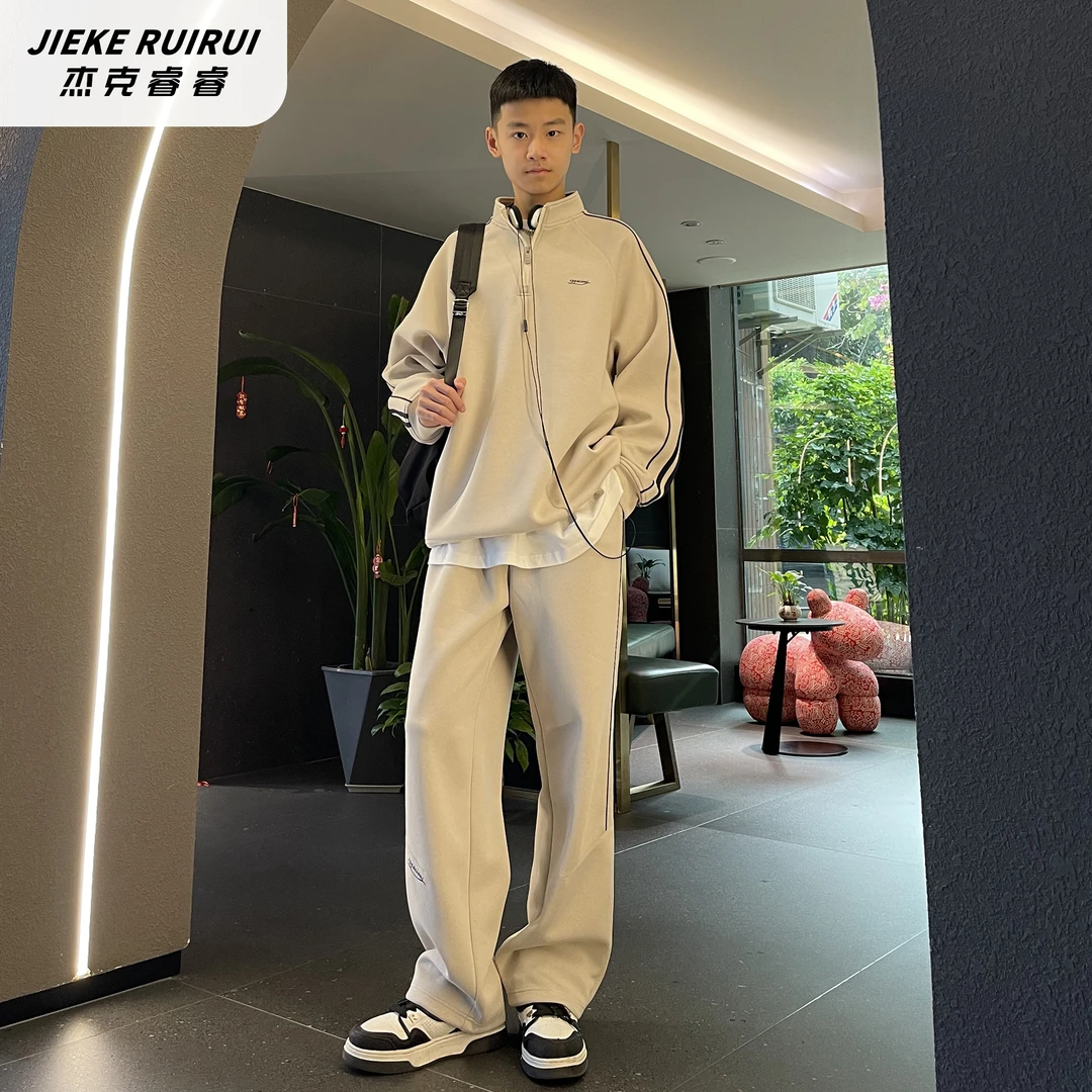 【现货-凯】早春气质织带半拉链立领卫衣套装男童休闲套装杰克睿睿