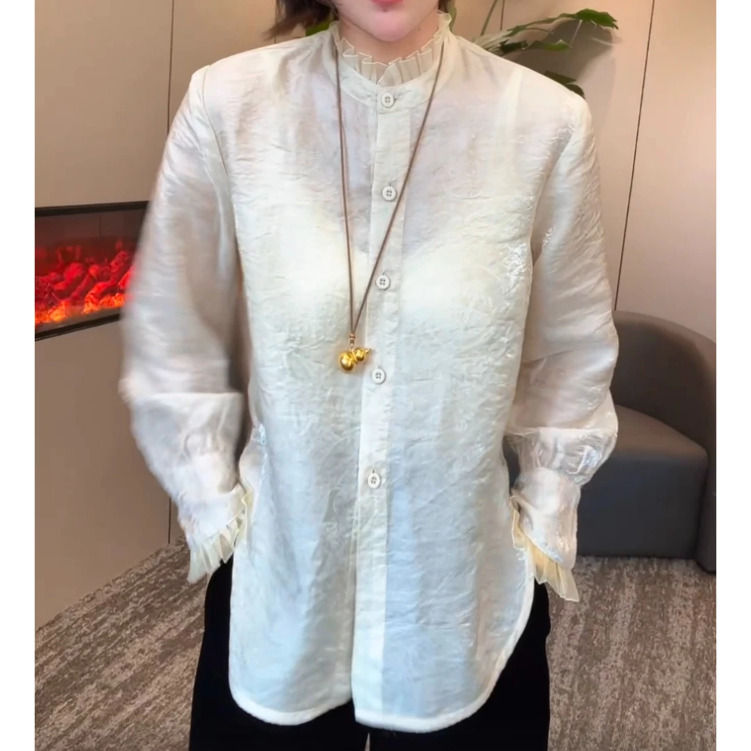 2025新款【菲凡】/911浮光精致早秋褶皱花边微喇长袖衬衫知性风衣服