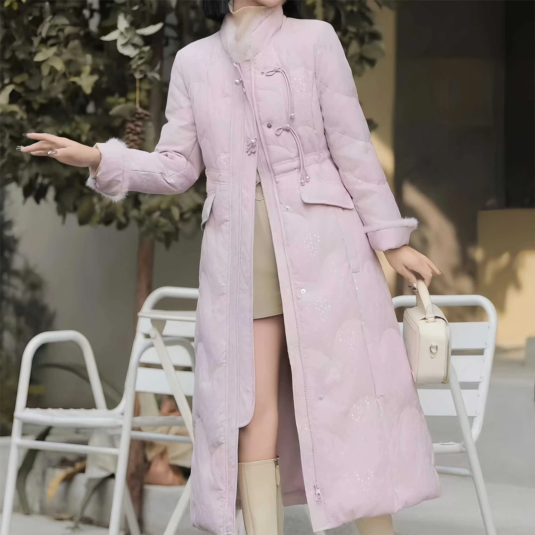 曲线玲珑（粉色）羽绒服长款白鸭绒冬季加厚女装外套水貂毛领