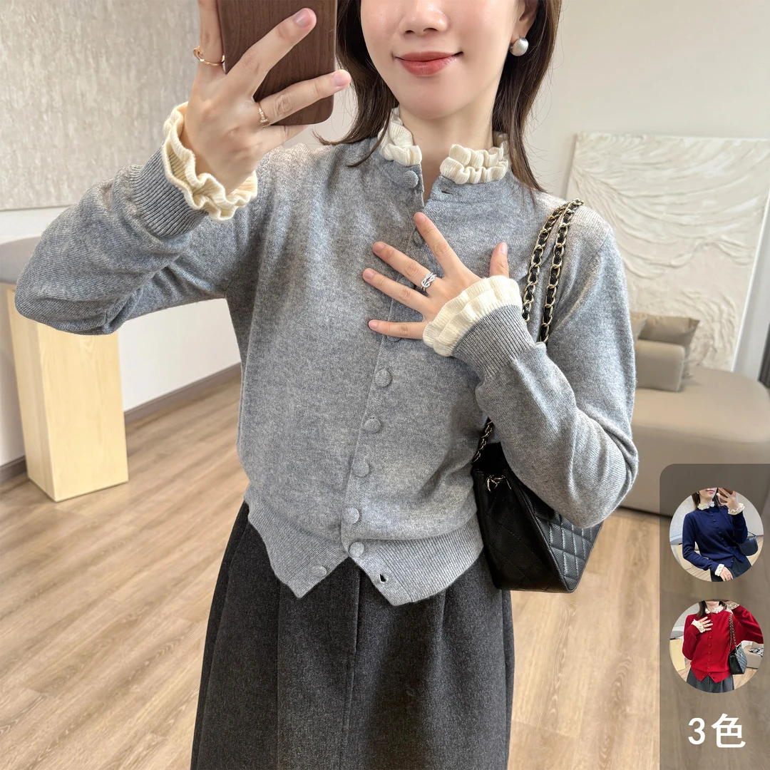 靓小靓【高版本】羊毛木耳边包扣精品毛衣 正肩显瘦质感针织衫