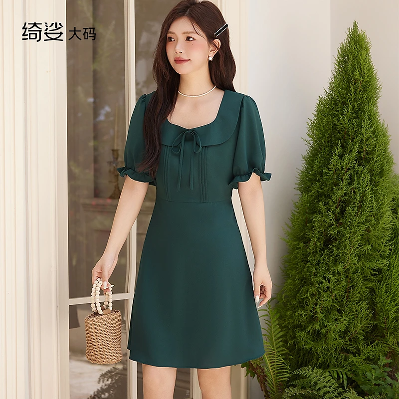 夏装新款气质方领收腰A字裙遮肉显瘦百搭减龄短袖大码胖MM连衣裙
